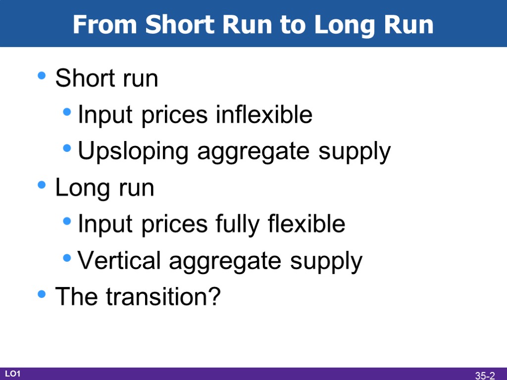 From Short Run to Long Run Short run Input prices inflexible Upsloping aggregate supply